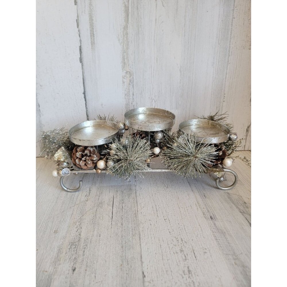 Glitter silver candle holder pinecone xmas foliage home‎ decor